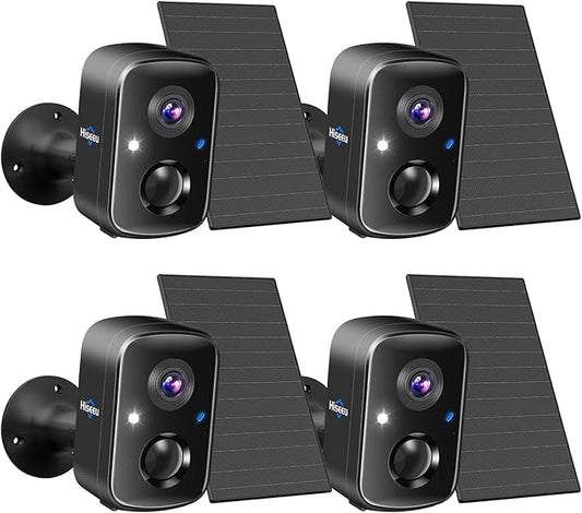 Hiseeu Security Cameras Wireless Outdoor, 4pcs Solar Powered 3K 4MP Surveillance WiFi Cameras for Home Security Outside, PIR/AI Motion Detection, Waterproof, Color Night Vision, 2-Way Audio, Black