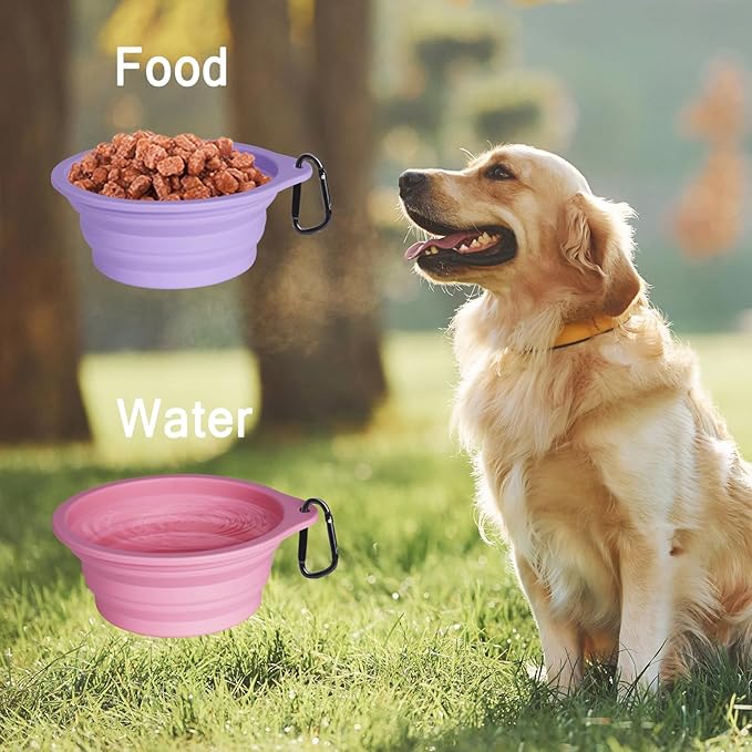 PetBonus 2-Pack Silicone Collapsible Dog Bowls, BPA Free Dishwasher Safe, Portable Foldable Expandable Travel Bowl, Food Water Feeding Cup Dish for Dogs Cats with 2 Carabiners (Purple, Pink)