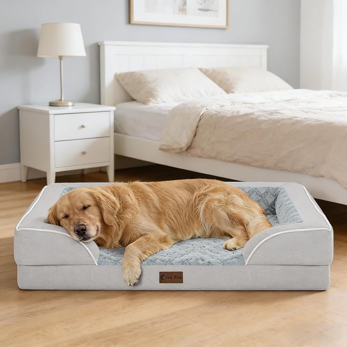 Orthopedic Dog Beds for Extra Large Sized Dogs, Waterproof Memory Foam XL Pet Bed with Sides 42x30Inch, Non-Slip and Egg-Crate Foam Big Dog Couch Bed with Removable Washable Cover, Light Grey