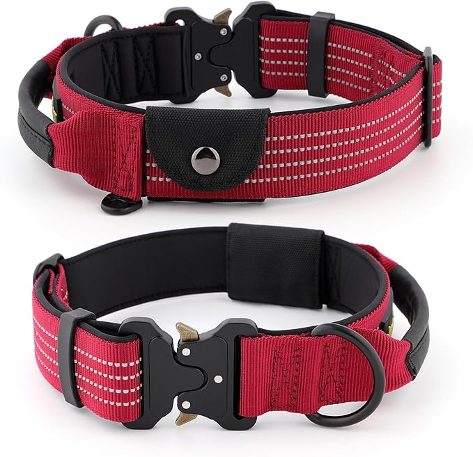 Plutus Pet Tactical Dog Collar with Tracker Packet for AirTag, Adjustable Reflective Nylon Collar, Metal Buckle, Leather-Wrapped Handle, Soft Padded for Medium Large Dogs (Burgundy Red, S)