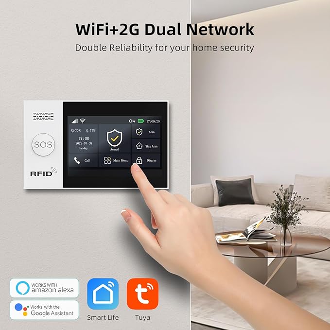 LWOHSI Alarm System for Home Security,Wireless 4.3" Fulltouch Screen Home Alarm Kits with Tuya APP Remote Alert,Door Sensors,Moiton Detector,Compatible with Alexa/Google Assistant for Villa,Apartment