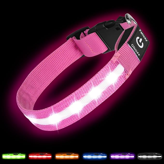 Super Bright LED Dog Collar - Fully Waterproof & Adjustable Glow Collar - USB-C Rechargeable for Night Walking, Safety - Flashing Lighted Collar for Dogs(Pink,M)
