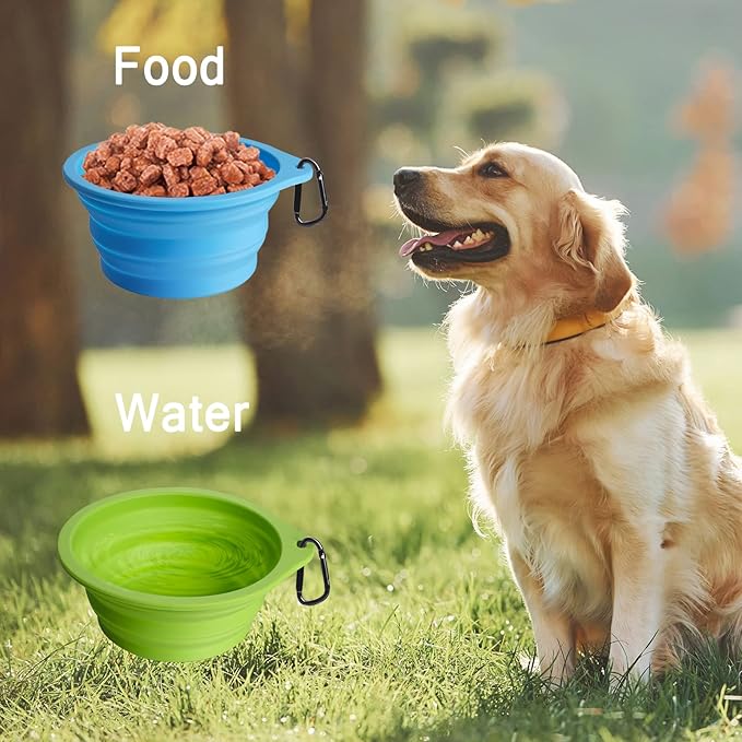 PetBonus 2-Pack Silicone Collapsible Dog Bowls, BPA Free Dishwasher Safe, Portable Foldable Expandable Travel Bowl, Food Water Feeding Cup Dish for Dogs Cats with 2 Carabiners (Light Blue & Green)