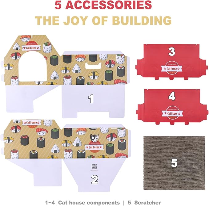 Cardboard Cat House with Scratcher – Red Sushi Design, 14''H x 18''L x 15.5''W, Sturdy Cat Playhouse for Indoor Cats up to 20 lbs, Fun Cat Hideout & Scratch Toy