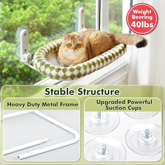 Cat Window Perch with Bolster, Cordless Foldable Cat Window Hammock with Strong Suction Cups & Metal Frame, Machine Washable Pet Bed for Indoor Cats (Green, Medium)