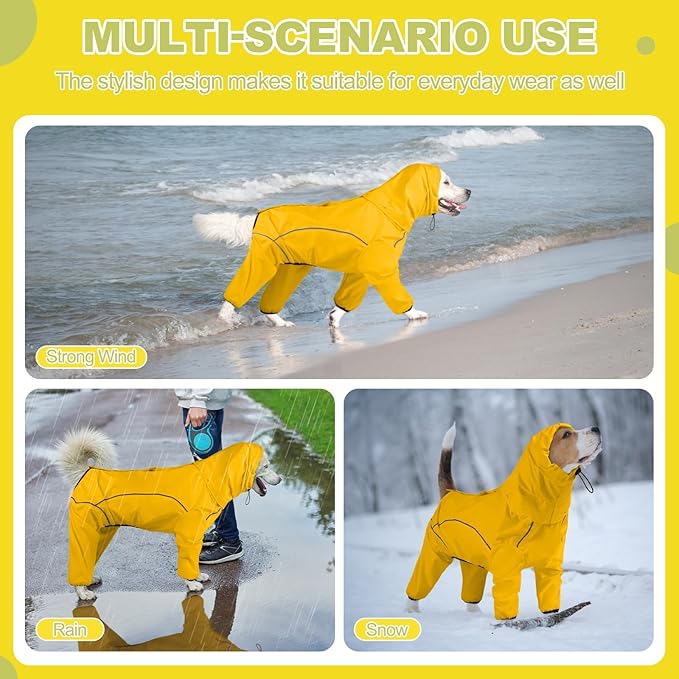 Dog Raincoat, Waterproof Dog Rain Jacket with Removable Hood,Adjustable 4 Legs Pet Poncho with Leash Hole,Reflective Stripe Hooded Snowproof Windproof Clothes for Small to 3X-Large Dogs, S