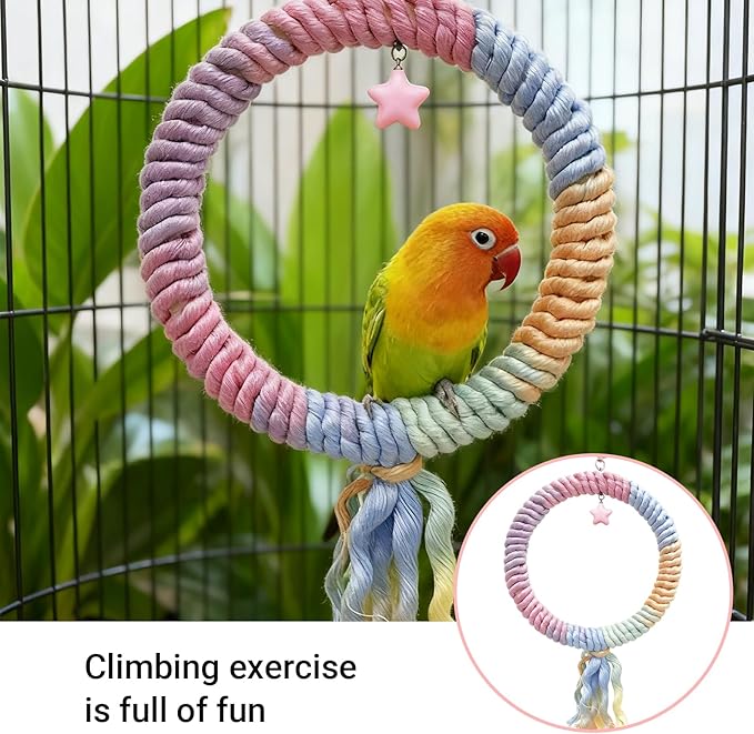 Bird Swing,Gradient Colorful Cotton Rope Bird Swing Cage Hanging Toys,Bird Cage Climbing Rope Toys Accessories,for Cockatiel Conure Cockatoo Parakeet Cage Hanging Decor(Round,Diameter:7.9")