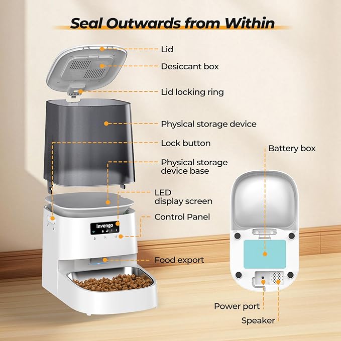 Cat Feeder Automatic - Cat Food Dispenser MeowServe S20, Auto Dog Feeder with Stainless Steel Bowl, 5L Pet Feeder with Patented Anti-Jam Port, App, Dual Lock Lid, Dual-Band WiFi & Power, White