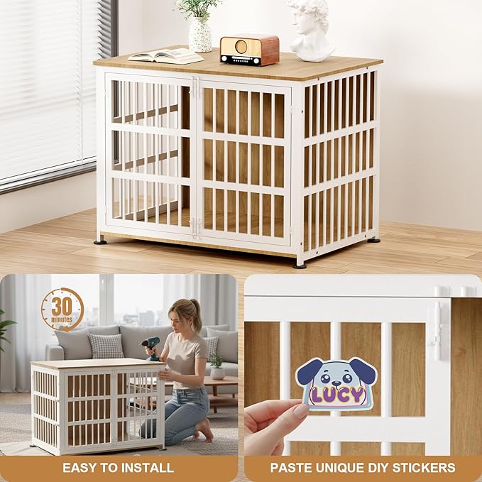 41" Furniture Style Large Dog Crate with Wheels, Chew-Resistant Dog Kennel Furniture Indoor for Large & Medium Dogs, 41"L x 29.1"W x 30.3"H, Decorate House as TV Stand, End Table — Natural and White