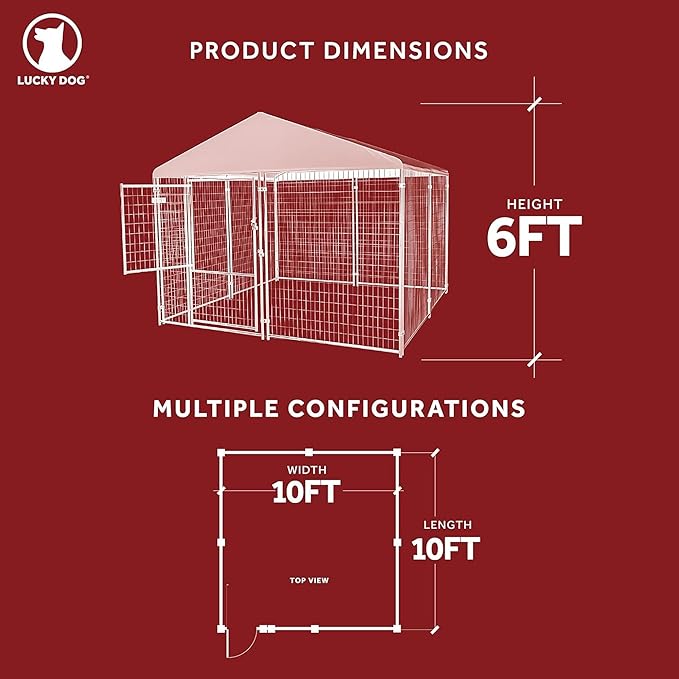 Lucky Dog Presidential Black Powder Coat Steel Frame Large Outdoor Dog Kennel with Waterproof Canopy Roof and Gate Door, Khaki