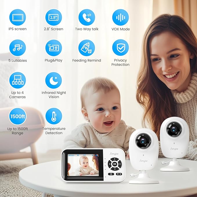 Smart Baby Monitor with 2 Cameras and Audio,App,Long Range,Night Vision,Temperature Sensor,2 Way Talk, Feeding Clock and lullabies,Home Use