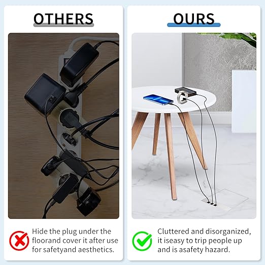 Vagueior Recessed Flat Hidden Floor Electrical Outlet Kit,Hidden Duplex 15A Tamper-Resistant Receptacle Outlet and 2.1A USB Port,Waterproof Electrical Outlet Covcer Box,Silver