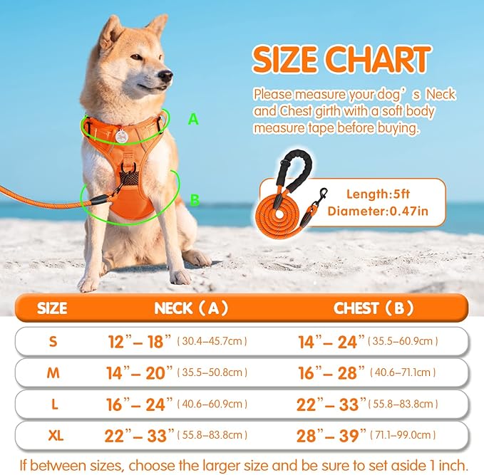 PoyPet No Pull Dog Harness and 5 Feet Leash Set, Release on Neck Reflective Adjustable Pet Vest, Front & Back 2 D-Ring and Soft Padded Pet Harness with Handle for Small to Large Dogs(Orange,M)