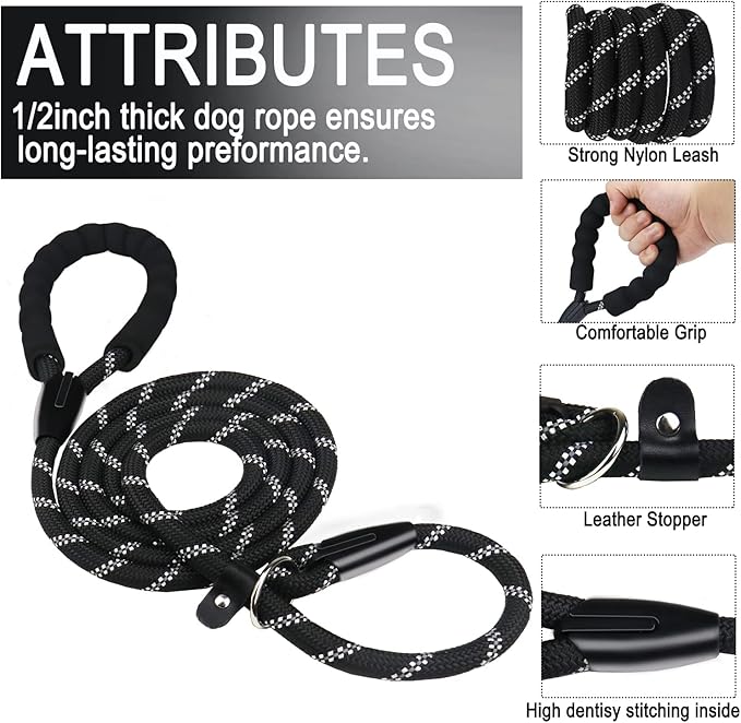 6 FT Heavy Duty Dog Leash, Premium Quality Strong Training Rope Slip Leash with Comfortable Padded Handle and Highly Reflective Threads for Small Medium and Large Dogs- Black