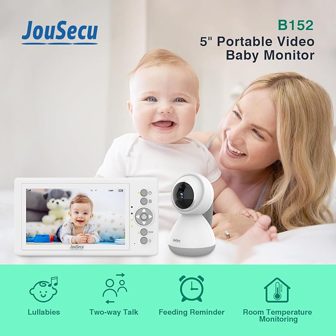Baby Camera Monitor with 30 Hours Battery Life, Pan-Tilt-Zoom Video Baby Monitor with Camera and Audio 5 Inch Large Screen, No WiFi, Temperature Monitoring, 2 Way Talk Back, Power Saving