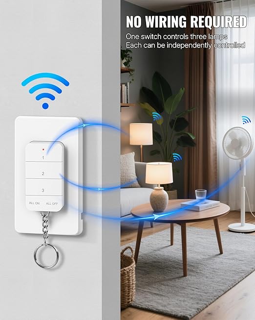 Remote Control Outlet, WILAWELS Wireless Light Switch with Magnetic Base, On Off Remote Outlet Switch for Lights, Lamps, 100ft RF Range, 15A/1875W, Pre-Programmed, 1 Remote for 3 Plugs W09RC1306