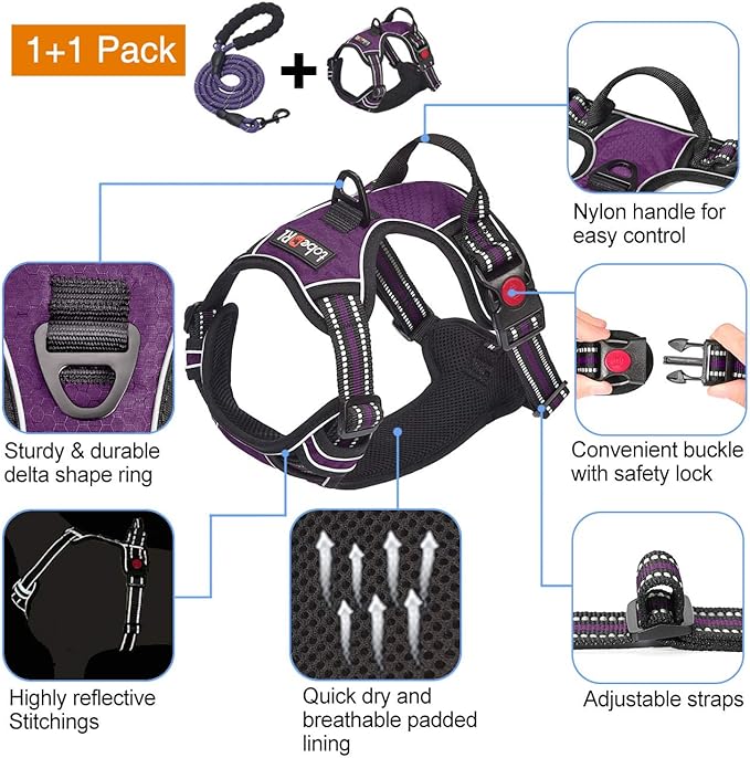 No Pull Dog Harness Adjustable Reflective Oxford Easy Control Medium Large Dog Harness with A Free Heavy Duty 5ft Dog Leash (XL (Neck: 21.5"-33", Chest: 30"-39.5"), Purple Harness+Leash)