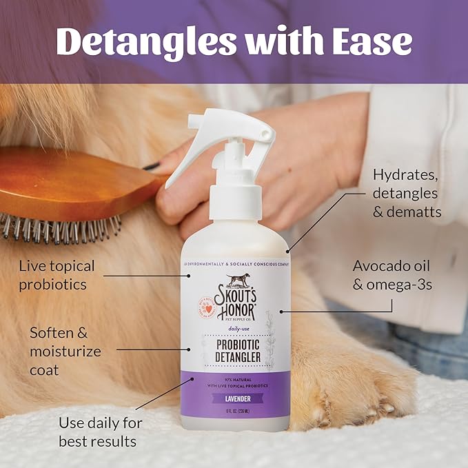 Skout's Honor Probiotic Pet Detangler Spray - Hydrating & Conditioning with Avocado Oil, 97% Natural, Paraben & Sulfate-Free, softens for a More brushable Coat, Daily Use, 8oz, Lavender, 2-Pack