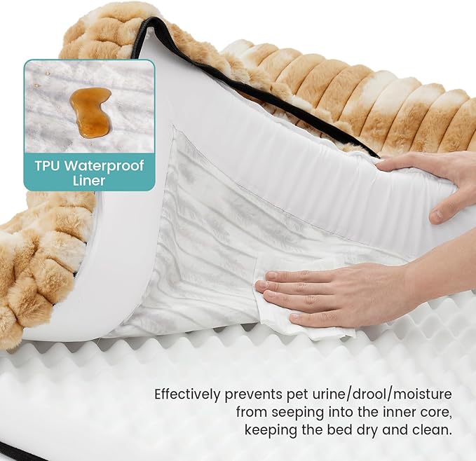 Cute Dog Bed, Faux Rabbit Fur Orthopedic Foam Dog Bed with Sides, Removable Washable Cover & Waterproof Lining, Comfortable Pet Couch for Small Dogs, Tie-Dye Brown (30" L x 20" W x 6" Th)