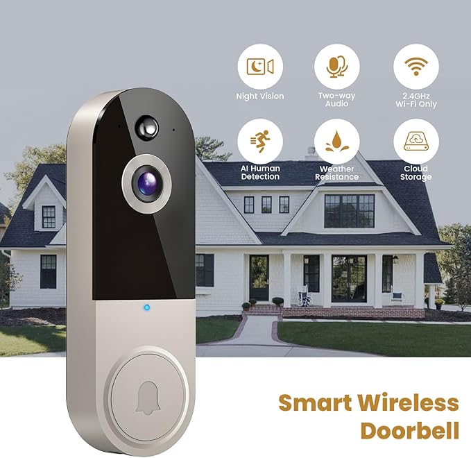 1080P Video Doorbell Camera, Wireless Indoor/Outdoor Surveillance Camera, Cloud Storage, 2.4G WiFi Only, AI Human Detection, Instant Alert, Night Vision, Two Way Audio (Linen)