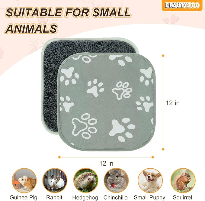 BEAUTYZOO 4 Pack Guinea Pig Cage Liners, Washable Reversible Fleece Guinea Pig Bedding, Waterproof Super Absorbent Pee Pads for Small Animals Rabbit Hamster Bunny - 12"x12" Grey