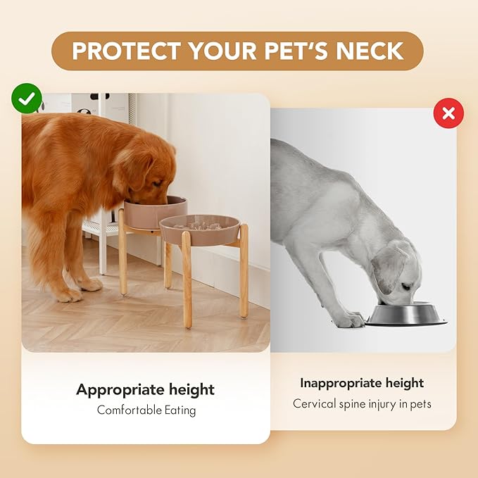 Ceramic 3.2 Cup Raised Slow Feeder Dog Bowl Set, Elevated 8.2inch Bowl and 9.5inch Slow Pet Food Dish with Wooden Stand for Large Dog (2 x Brown Coffee+ Stand)