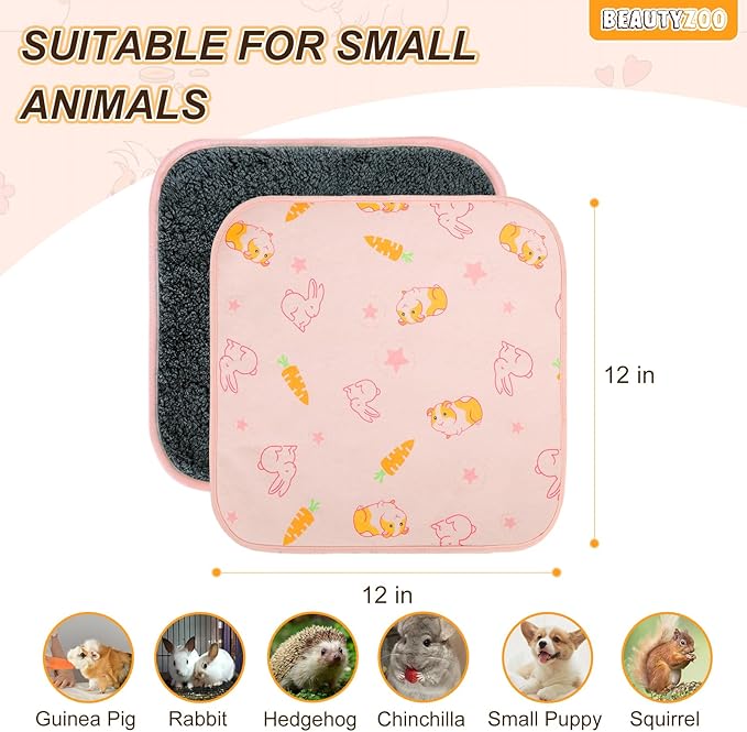 BEAUTYZOO 4 Pack Guinea Pig Cage Liners, Washable Reversible Fleece Guinea Pig Bedding, Waterproof Super Absorbent Pee Pads for Small Animals Rabbit Hamster Bunny - 12"x12" Pink