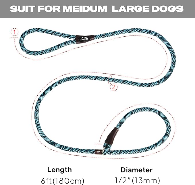 TwoEar Slip Leads for Dogs, 1/2" x 6FT Slip Leash for Large Dogs with Highly Reflective Threads, Comfortable Strong Rope Slip Leads, No Pull Pet Training Leash, Blue