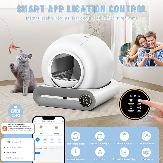 SUW Self Cleaning Litter Box, Automatic Cat Litter Box Self Cleaning for Multiple Cats, 65L+9L Robot, 3 Rolls Grabage Bags Liner, Negative ion Deodorization, APP Control, Toilet Monitorin,White