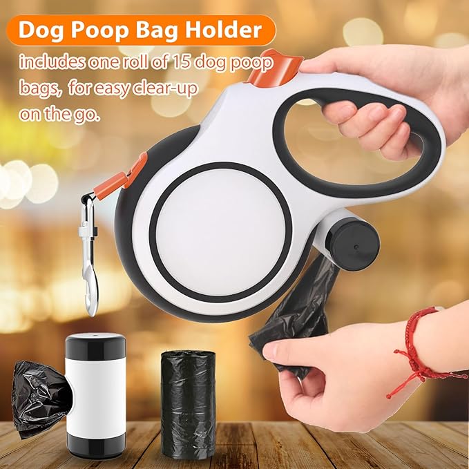 26ft Retractable Dog Leash with Poop Bag Dispenser - Upgraded Lock System, Non-Slip Grip, Tangle-Free Design for Large & Medium Dogs - Perfect for Walking, Running, and Outdoor Training (White)