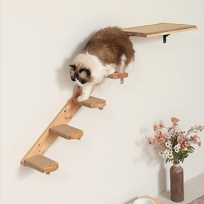 FUKUMARU Cat Climbing Shelf Wall Mounted, Four Step Cat Stair with Jute Scratching for Kitten Walls Shelves Furniture - Large