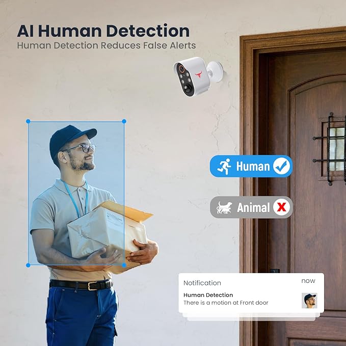 1080p Wireless Security Camera with AI Human Detection, Night Vision, 2-Way Talk, Cloud Storage, Rechargeable Battery Included, Battery Camera for Home Security, 2.4G WiFi