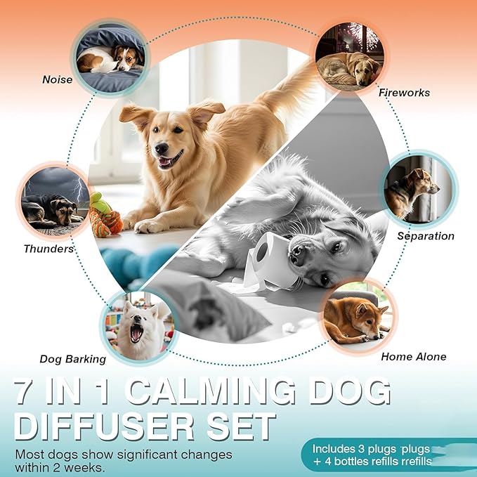 Dog Calming Home & Travel Kit – 2 Plug-in Diffusers + Adjustable Dog Collar, Gentle Non-Drug Support to Help Dogs Feel More at Ease Indoors & Outdoors – Daily Comfort for All Breeds