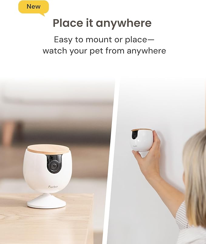 Furbo Mini Pet Camera: Security Cam w/Barking/Meowing Alerts, Cat or Dog Tracking w/Phone App, Smart Home Indoor Monitoring, 2-Way Speaker. No Subscription Needed. Standard See, Talk & Toss Features