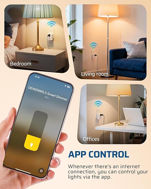 DEWENWILS Matter Plug in Dimmer Switch for Lamp, Works with Alexa, Compatible with Google Home & SmartThings APP Voice Wireless Dimmer Button Control, Dimmable LED/Tungsten Bulbs, 2.4G Wi-Fi, White