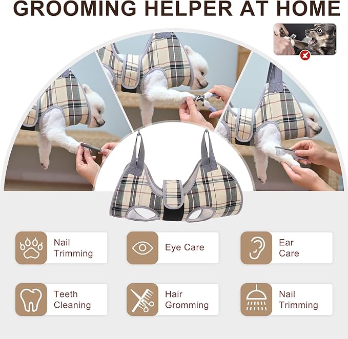 BEAUTYZOO Dog Grooming Hammock for Small Dogs Cat- Dog Sling for Nail Trimming/Clipping- Dog Hanging Harness Holder with Thick Fabric Neck Support & Strap Restraint Claw Care, Beige XS