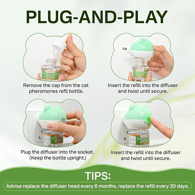 Cat Calming Diffuser with Timing Function, 3-in-1 Cat Pheromones Calming Diffuser Kit, 60-Day Anxiety Relief, Stress Relaxation Cat Pheromone Diffuser for All Cats (1 Diffuser + 2 Refills)