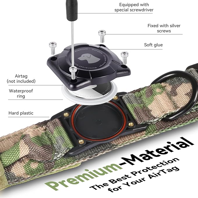 2025 Upgrade Waterproof AirTag Dog Collar, Military Tactical Dog Collar with AirTag Holder, Comfortable Control Handle and Metal Buckle, GPS Dog Collar Holder for Medium to Large Dogs (Camouflage, M)