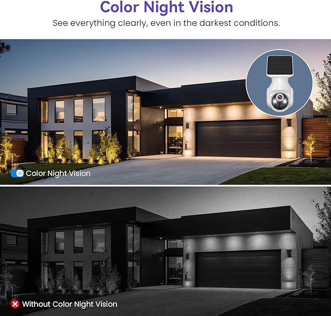 1080P Solar Security Cameras Wireless Outdoor, 360° View Pan/Tilt, Color Night Vision, Easy to Install, Real-Time Alerts, 2-Way Audio, Cloud Storage (Sold Separately), 2.4Ghz Wi-Fi Only