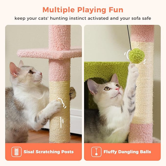 Flower Cat Tree, 52.4 Inch Multi-Level Cat Tower for Indoor Cats with Dual Top Perches, 2 Condos & Scratching Posts, Plush Cat Furniture for Kittens and Medium Cats, Pink