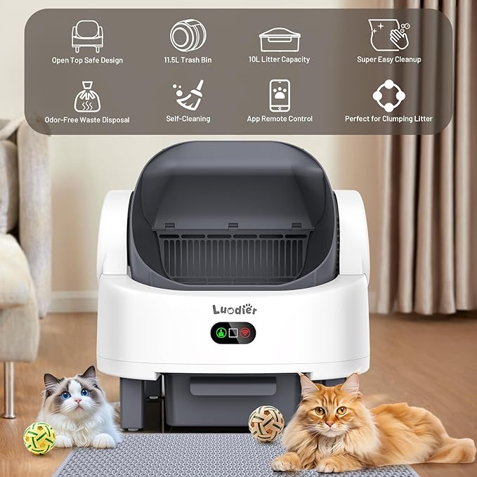 Self Cleaning Litter Box, Open-Top Large Automatic Cat Litter Box for Multiple Cats with Multiple Safety Sensor,APP Control, Odor-Free, Includes 1 Trash Bags 1 Litter Mat