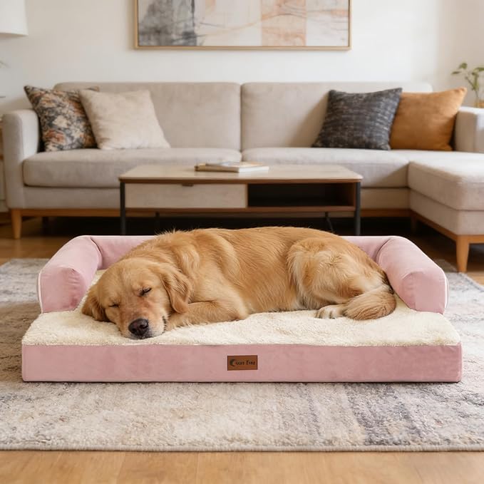 Orthopedic Dog Beds for Extra Large Dogs, Waterproof Egg Crate Foam XL Dog Bed with Sides 45x35Inch, Big Dogs Couch Beds with Removable Washable Cover and Nonskid Bottom, Pink