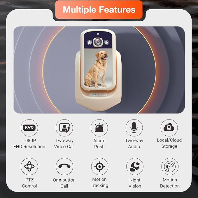 2-Way Video Calling Camera with 2.8" Display, In-House Monitoring Pet Camera with Speaker, 360° View PTZ WiFi AI Motion Detection Indoor for Puppy/Cat/Dog with Phone App Control, Indoor Home Security