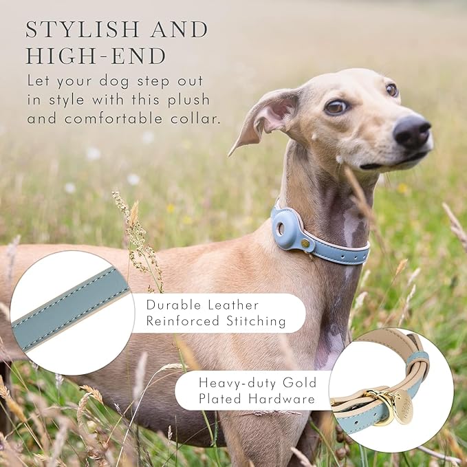 NINA WOOF Cupertino Dog Collars, Harnesses & Leashes Made from Vegan Leather with Dog Tracker Device Holder Adjustable Dog Collar - Color Blue, Medium