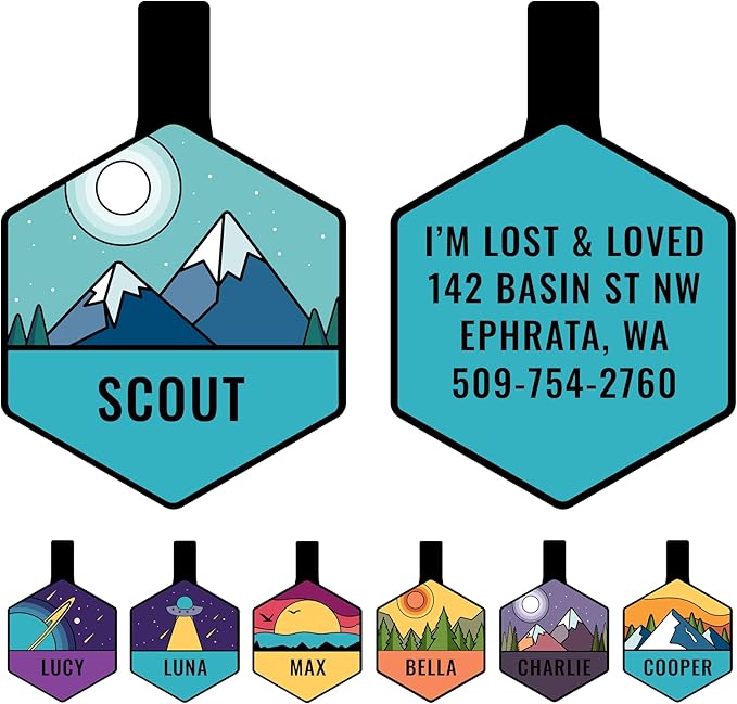 GoTags Silent Dog Tag, Personalized Engraved Hexagon Silicone Dog and Cat Name Pet ID Tags, Soundless No More Jingling Dog Tags (Mountain Blue)