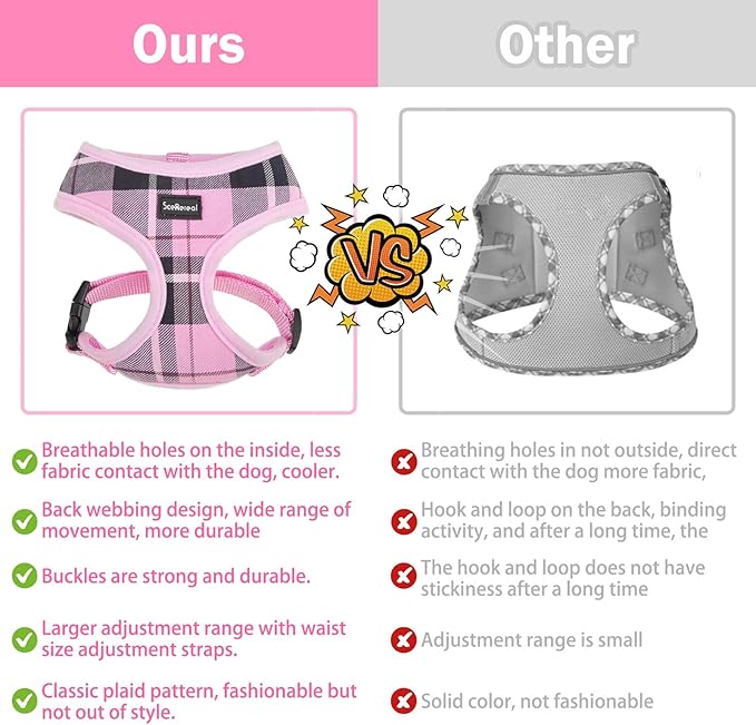 SCENEREAL Puppy Dog Harness with Leash Set for Small Medium Sized Dogs, Soft Mesh Step in Pet Harnesses and Leash, No Chock Plaid Adjustable No Pull Vest for Dogs Cats, Chihuahua,Bulldog (Pink M)