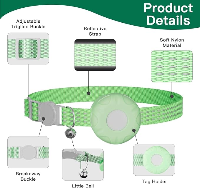 Cat Tracker,Pet Tracker for Cats Compatible with Apple Find My App(Only iOS),Waterproof Tracker Cat Collar with Safety Elastic Buckle,No Monthly Fee,Works with Any Collar (LightGreen)