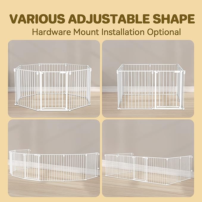 Dog Gate 27.5"-199" Extra-Wide Playpen, Freestanding Pet Gate, Puppy Fence with Auto-Close Door, Double Locking System for Fireplace, Foldable, Foldable (White, 8 Panels)