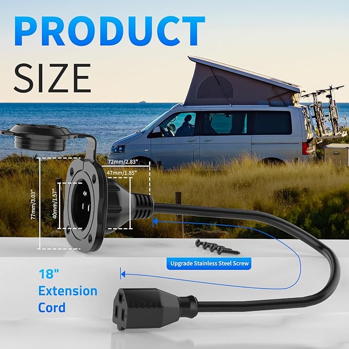 15 Amp AC Port Plug, 125V Power Inlet Socket with Waterproof Cover & Integrated 18" Extension Cord, 2 Pole 3-Wire NEMA 5-15 Flanged Generator Inlet Plug for RV Boat Electrical Connections