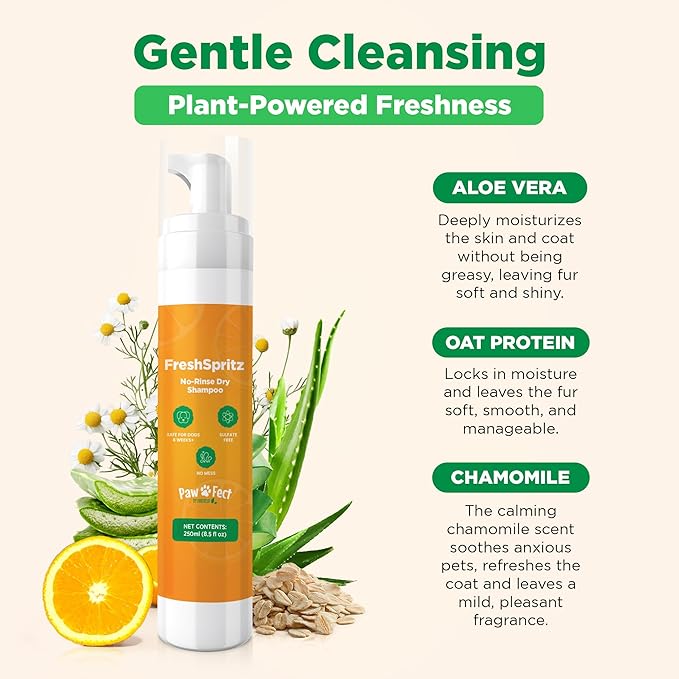 FreshSpritz 8.5 fl oz Waterless Foaming Dog Dry Shampoo with Aloe, No-Rinse Pet Wash for Odor, Dander & Allergens. Non-Sticky, Plant-Based Chamomile Scent, Fast-Drying Pet Deodorizer Grooming Foam